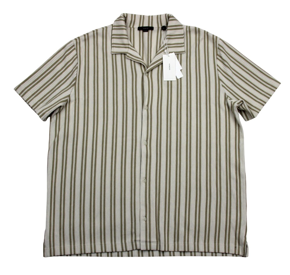 $198 Vince Shirt Mens XL Beige Striped Knit Cotton Short Sleeve Button Up